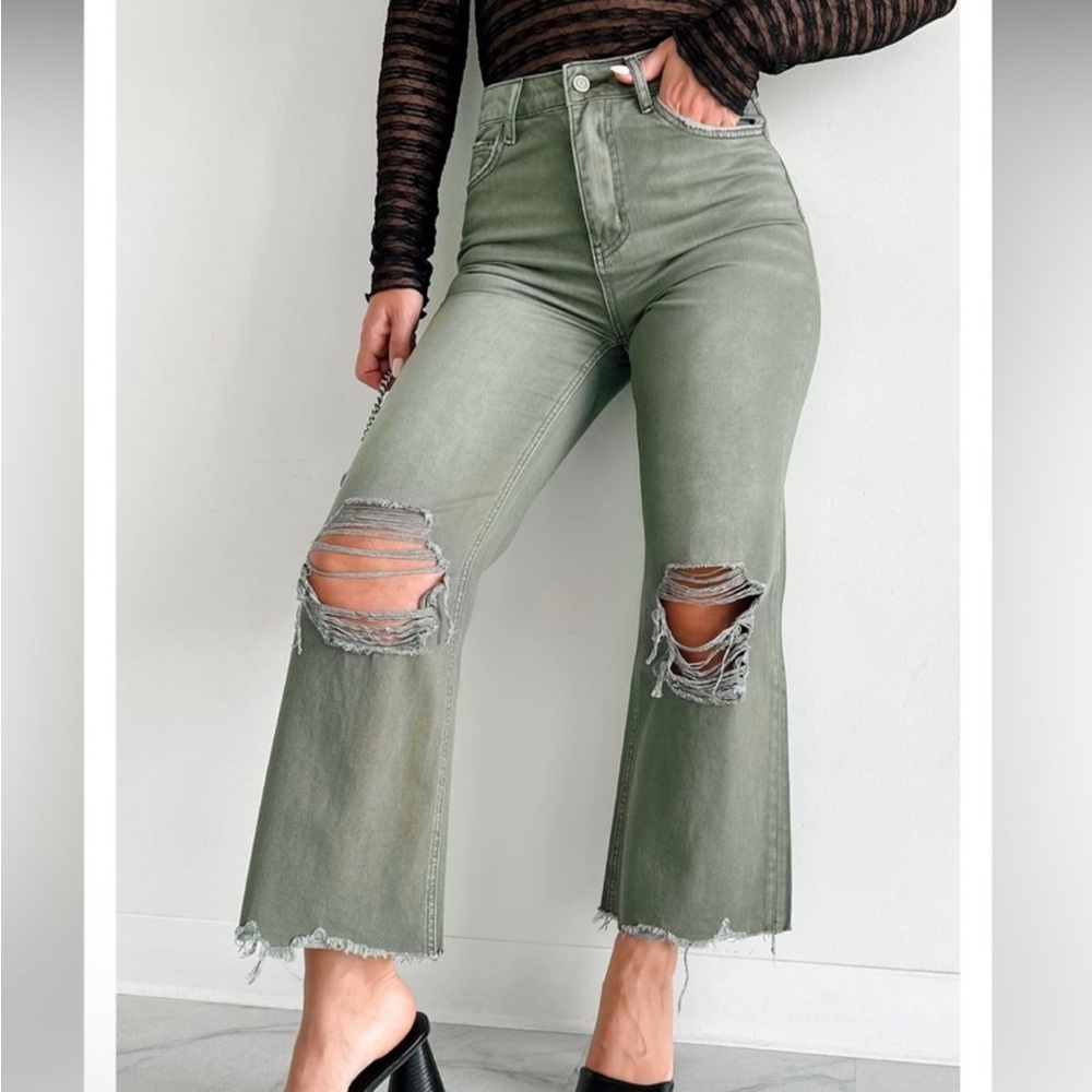 VERVET BY FLYING MONKEY Olive Green High-Rise Distressed Wide Leg Jeans